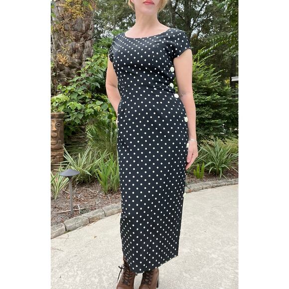 Vintage 90's Just Jacalyn Polka Dot Side Button Midi Dress - Picture 1 of 10